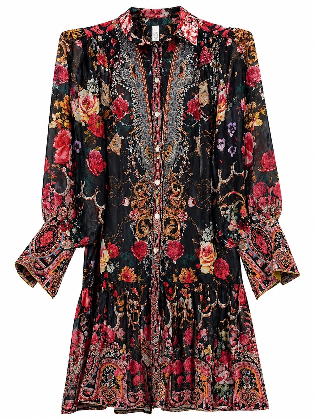 Kelly Obi Dress Semi Sheer Boho Tunic Floral Paisley Ruffle Hem-size M